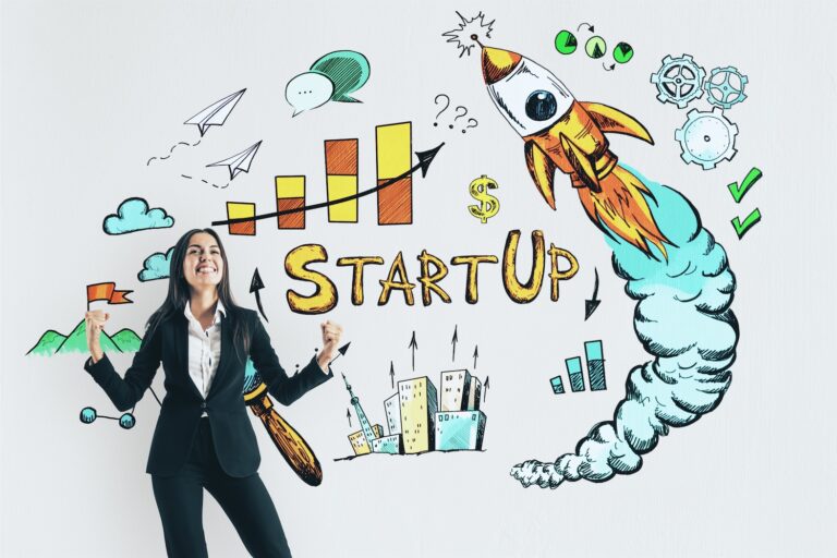 happy young businesswoman standing in front of graphic representing a startup business