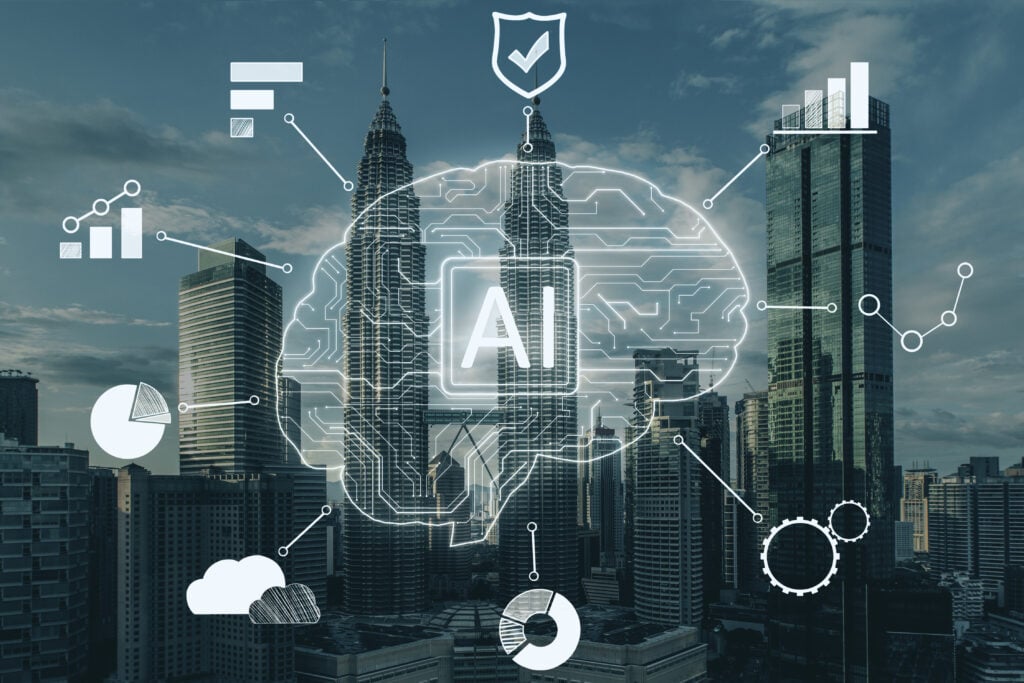 Digital AI brain graphic over a modern city skyline, with circuit lines and data icons representing artificial intelligence governance, analytics, and regulatory oversight