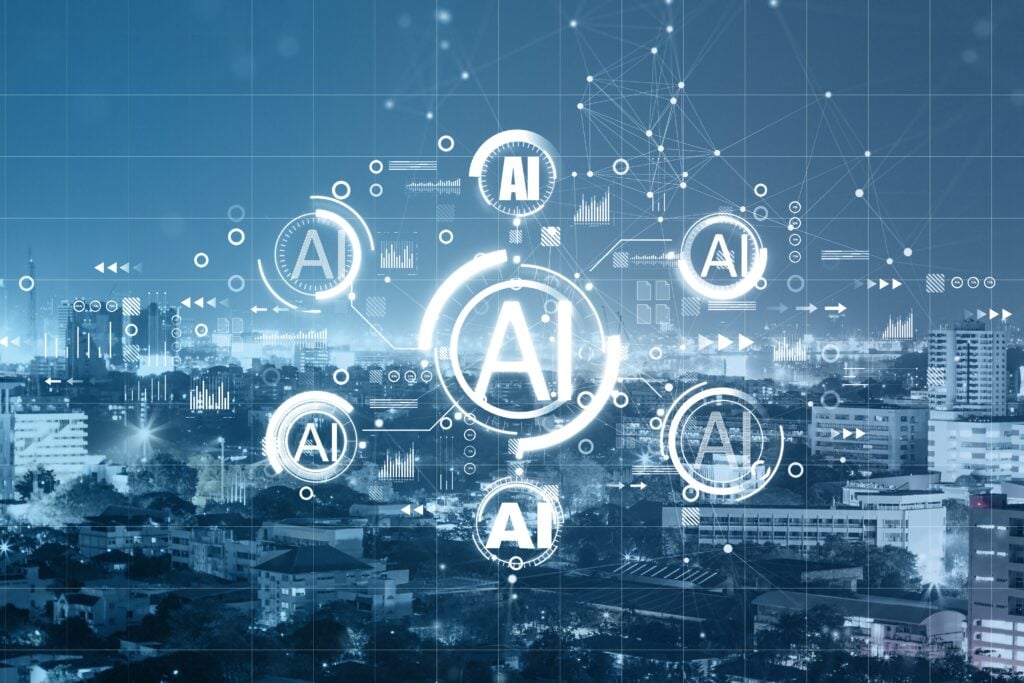 AI hologram icons overlaid on a blurry night city skyline, representing artificial intelligence in business and technology