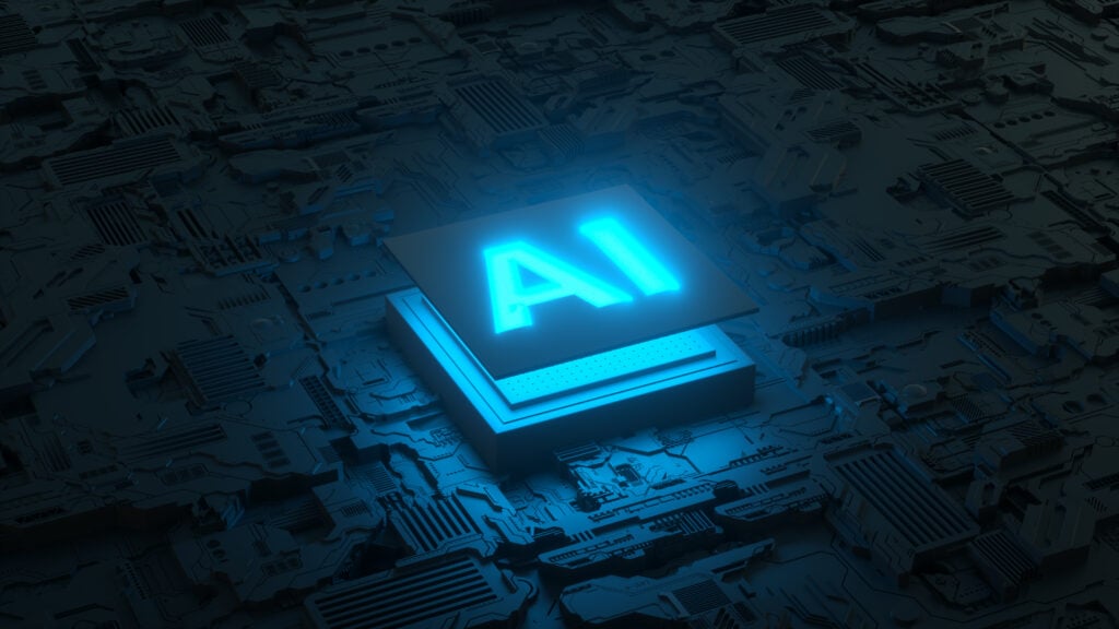 Glowing AI chip on a dark circuit board representing artificial intelligence, automated transcription, and digital data risk