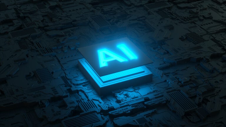 Glowing AI chip on a dark circuit board representing artificial intelligence, automated transcription, and digital data risk