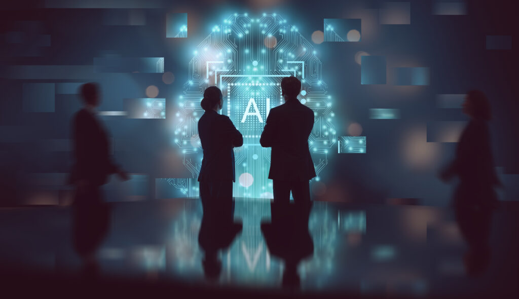 Silhouetted business professionals observing a glowing AI interface with digital circuitry and data screens.